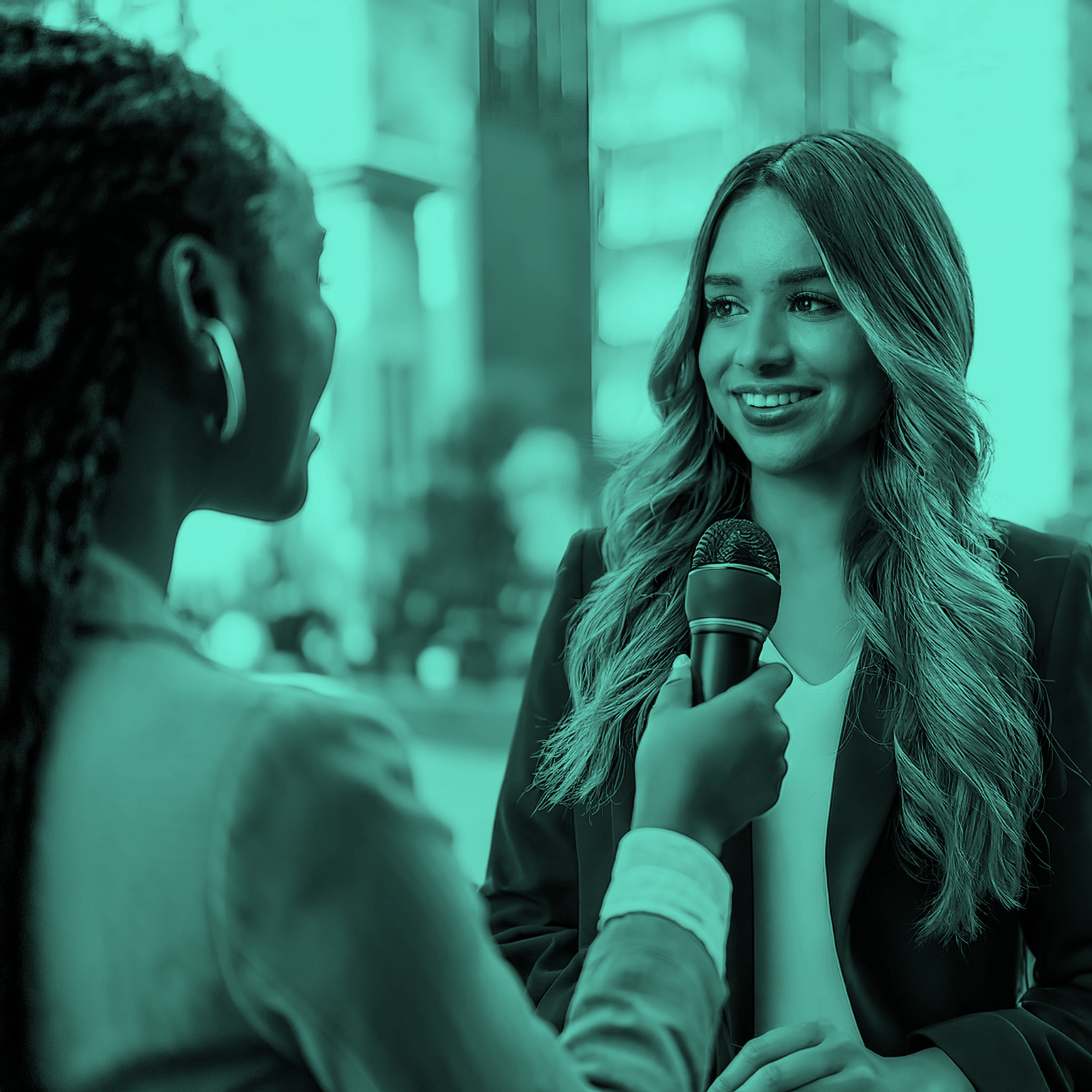 A woman holding a microphone interviewing another woman.